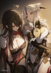 2girls beidou_(genshin_impact) breasts brown_hair chinese_hairpin cleavage commentary_request eyepatch genshin_impact genyaky hair_ornament highres large_breasts long_hair multiple_girls ningguang_(genshin_impact) red_eyes smile tassel tassel_hair_ornament