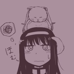 10s 1girl akemi_homura animal animal_on_head cat cat_on_head crossover dragon_ball hairband homu karin_(dragon_ball) karin_(dragonball) kyubey mahou_shoujo_madoka_magica mahou_shoujo_madoka_magica_(anime) monochrome nns_(sobchan) on_head purple_theme squiggle sweatdrop tears