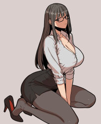 1girl absurdres between_legs black-framed_eyewear black_skirt breasts brown_eyes cleavage full_body glasses greenb grey_background grey_pantyhose hand_between_legs high_heels highres large_breasts long_hair office_lady pantyhose pencil_skirt shirt simple_background sitting skirt solo white_shirt