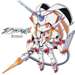 1girl android armor blue_horns chibi chibi_only darling_in_the_franxx heart heart-shaped_pupils horns lance mecha necktie orange_eyes orange_necktie polearm qrullgx13 robot robot_girl shoulder_armor single_horn skirt solo strelizia symbol-shaped_pupils weapon