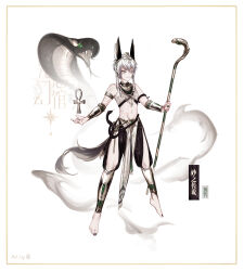 1boy absurdres animal_ears ankh arabian_clothes artist_name baggy_pants bare_shoulders barefoot black_nails black_pants border bracer character_name character_request chinese_commentary chinese_text circlet closed_mouth clothing_cutout cobra_(animal) commentary_request crop_top dog_boy dog_ears dog_tail eye_of_horus eye_tattoo floating full_body gold_armlet grey_eyes highres holding holding_staff knees leg_cutout male_focus midriff nail_polish navel nikki_(series) object_floating_above_hand outstretched_hand pants shining_nikki shirt short_hair_with_long_locks shoulder_tattoo simple_background sleeveless sleeveless_shirt smirk smoke smug solo staff stars_zhangzhang tail tattoo toenail_polish toenails toes translation_request watermark white_background white_border white_hair white_shirt