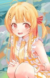 Rule 34 | 1girl, absurdres, ahoge, blonde hair, breasts, collared dress, commentary, dress, fortissimo, hair ornament, highres, hololive, kaze 22, long hair, looking at viewer, musical note, musical note hair ornament, necktie, open mouth, otonose kanade, red eyes, round teeth, sleeveless, sleeveless dress, small breasts, solo, teeth, two side up, upper teeth only, virtual youtuber, white dress, yellow necktie
