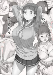 Rule 34 | 1girl, 3boys, a1 (initial-g), arms around neck, arms behind head, blunt bangs, bob cut, breasts, bulge, commentary request, erection, erection under clothes, fellatio, greyscale, hair ornament, hairclip, hetero, highres, kirigaya suguha, large breasts, leg lock, licking, licking penis, male underwear, mating press, miniskirt, monochrome, multiple boys, multiple views, neckerchief, one-piece swimsuit, oral, penis, pinned, pleated skirt, sailor collar, school swimsuit, school uniform, sex, short hair, skirt, swimsuit, sword art online, translation request, underwear