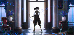 Rule 34 | ashe (overwatch), blue flower, broken glass, chair, checkered floor, chromatic aberration, coattails, commentary request, cup, doorway, drinking glass, facing away, flower, glass, gun, hat, highres, holding, holding gun, holding weapon, jacket, light particles, long sleeves, medium hair, mizuiro abokado, overwatch, plant, potted plant, shards, shirt, sleeveless, sleeveless jacket, solo, standing, tile floor, tiles, weapon, white hair, white shirt, window, wine glass