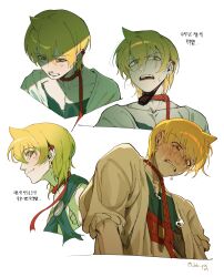 Rule 34 | 1boy, absurdres, alibaba saluja, biting own lip, blonde hair, closed mouth, collarbone, commentary request, cropped shoulders, crying, crying with eyes open, ear piercing, earrings, hair between eyes, highres, jab pig, jewelry, korean commentary, looking down, looking to the side, magi the labyrinth of magic, male focus, multiple views, open mouth, orange eyes, piercing, red rope, robe, rope, short hair, sideways glance, smile, streaming tears, tears, teeth, translation request, upper body, upper teeth only, white robe