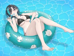 1girl afloat aqua_hair aqua_streaks bare_legs barefoot bikini black_bikini black_hair blue_innertube blush breasts cleavage eating food food_in_mouth hair_between_eyes highres holding holding_food holding_popsicle hololive hololive_dev_is innertube kisima_kai large_breasts looking_at_viewer lying medium_hair mouth_hold multicolored_hair on_back on_innertube popsicle popsicle_in_mouth red_eyes rindo_chihaya solo streaked_hair swim_ring swimsuit toes virtual_youtuber water white_hair white_streaks