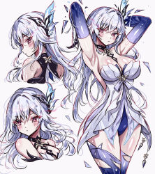 1girl absurdres armpits arms_behind_head breasts cleavage commentary cropped_torso dress elbow_gloves genshin_impact gloves hair_ornament highres large_breasts multiple_views presenting_armpit purple_eyes purple_gloves purple_thighhighs simple_background skirk_(genshin_impact) thighhighs thighs usa_(usagi_minku) white_background white_dress