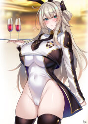 1girl :o animal_ears aqua_eyes black_thighhighs blush breasts brown_hair cameltoe commentary_request covered_navel cup curvy drinking_glass duel_monster fake_animal_ears hair_ribbon highres holding kutan large_breasts leotard looking_at_viewer open_mouth playboy_bunny rabbit_ears ribbon shirt sidelocks sky_striker_ace_-_raye solo standing thighhighs tray white_leotard white_shirt wine_glass yu-gi-oh!