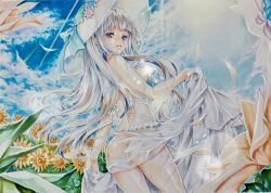 1girl absurdres ass blue_sky breasts brown_eyes cloud dress field flower flower_field hat highres katsu_(24791909) long_hair marker_(medium) medium_breasts original see-through_clothes see-through_dress sky sunflower sunflower_field traditional_media white_dress white_hair