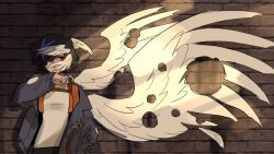1girl angel_with_a_shotgun asymmetrical_wings black_hair blue_hair blue_jacket blue_streaks bullet_hole closed_mouth commentary devi1beach english_commentary feathered_wings guilty_gear guilty_gear_strive guilty_gear_strive:_dual_rulers hair_over_one_eye hair_wings highres jacket long_sleeves looking_at_viewer meme multicolored_hair multiple_wings open_clothes open_jacket red_eyes shirt short_hair solo streaked_hair tomboy turtleneck unika_(guilty_gear) white_wings wings