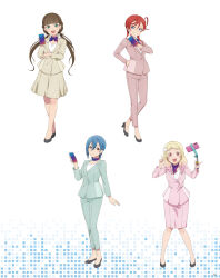 Rule 34 | 4girls, artbook, blonde hair, blue eyes, blue hair, brown hair, choker, flower, formal clothes, full body, green eyes, green pants, green suit, hair between eyes, hair flower, hair ornament, hand on own hip, high heels, highres, holding, jacket, long hair, looking at viewer, love live!, love live! superstar!!, low twintails, multicolored hair, multiple girls, non-web source, office lady, official art, onitsuka natsumi, open mouth, orange eyes, pants, pencil skirt, pink eyes, pink jacket, pink pants, pink shirt, pink skirt, pink suit, red hair, sakurakoji kinako, shirt, short hair, skirt, smile, standing, suit, twintails, wakana shiki, white background, white shirt, yoneme mei