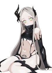 Rule 34 | 1girl, black horns, black liquid, breasts, forehead, goddess of victory: nikke, green eyes, grey hair, highres, horns, leviathan (nikke), liquid clothes, long hair, looking at viewer, open mouth, piercing, pointy ears, pubic tattoo, simple background, small breasts, smile, tattoo, thighs, tongue piercing, very long hair, yuguuuu