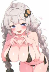 1girl :d absurdres ahoge bare_arms bare_shoulders bikini black_bikini blue_eyes blush braid breasts chromatic_aberration cleavage commentary cowboy_shot fang finger_heart grey_hair hair_ornament hands_up highres kizuna_akari koremata_shikari large_breasts leaning_forward long_hair looking_at_viewer naughty_face open_mouth side-tie_bikini_bottom signature simple_background skin_fang skindentation smile solo standing swimsuit thigh_gap twin_braids twitter_username voiceroid white_background