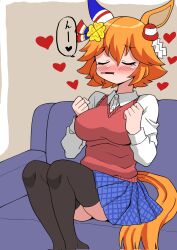 Rule 34 | 1girl, alternate costume, animal ears, blush, breasts, casual, clenched hands, closed eyes, closed mouth, commentary request, couch, food, food in mouth, hair between eyes, hair ornament, heart, highres, horse ears, horse girl, horse tail, matikanefukukitaru (umamusume), medium breasts, pocky, pocky kiss, shared food, simple background, sitting, sodeshita marshmallow, solo, tail, translation request, umamusume