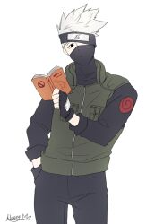 1boy book flak_jacket forehead_protector green_jacket hatake_kakashi holding holding_book jacket konohagakure_shinobi_uniform konohagakure_symbol male_focus mask mouth_mask naruto_(series) ninja ninja_mask qjqjqjql short_hair solo spiked_hair uzumaki_symbol white_hair