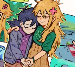 2girls alternate_costume antenna_hair basil_(faraway)_(omori) basil_(omori) black_hair blonde_hair brown_skirt closed_eyes closed_mouth flower genderswap genderswap_(mtf) green_shirt grey_jacket hair_flower hair_ornament hairclip hand_on_another&#039;s_shoulder highres hood hood_down hoodie jacket long_hair long_sleeves low_twintails multiple_girls omori parallel_hairclips purple_hoodie shirt short_hair short_sleeves short_twintails skirt smile sunny_(omori) twintails ullilya1 unfinished