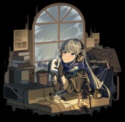 1girl arched_window artist_name banpunsik bkornblume black_background black_bag black_cloak black_coat black_gloves blue_eyes blue_flower blue_scarf book book_stack cloak coat cornflower cup flower gloves grey_hair headphones highres holding holding_cup inkwell lantern long_hair long_sleeves looking_at_object mug paper pen plant potted_plant radio reverse:1999 scarf smile solo straight_hair upper_body window