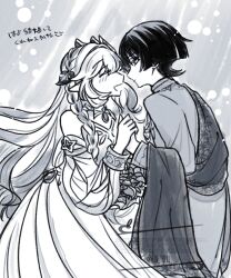 1boy 1girl aged_up alternate_costume arabian_clothes arm_cutout blunt_ends blush bracelet braid brooch closed_eyes closed_mouth coat cosplay detached_sleeves dress eyelashes face-to-face facing_another genshin_impact greyscale hair_ornament half-closed_eyes hetero highres holding_hands jewelry leaf leaf_hair_ornament long_braid long_hair looking_at_another monochrome nahida_(genshin_impact) neck_ring open_mouth pointy_ears rukkhadevata_(genshin_impact) rukkhadevata_(genshin_impact)_(cosplay) scaramouche_(genshin_impact) shawl side_braid sidelocks sketch snc_tozai strapless strapless_dress translation_request twitter_username unfinished watermark wavy_hair