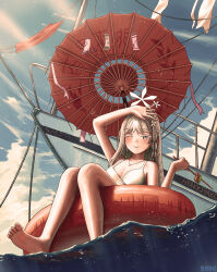 Rule 34 | 1girl, absurdres, arm up, bare arms, bare legs, bare shoulders, barefoot, bikini, blue archive, blush, braid, closed mouth, food, food in mouth, hair ornament, halo, highres, holding, holding skewer, looking at viewer, nagusa (blue archive), nagusa (swimsuit) (blue archive), one eye closed, s99g, single braid, sitting, skewer, snowflake hair ornament, soles, solo, swim ring, swimsuit, white bikini, white eyes, white hair, white halo, yakitori