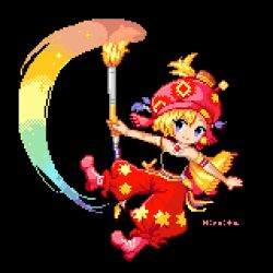 artist_name baggy_pants black_background black_shirt blonde_hair blush boots dynamic_pose final_fantasy final_fantasy_vi hat hiroita holding holding_paintbrush light_smile looking_at_viewer lowres paintbrush pants pixel_art puffy_pants red_boots red_hat red_pants red_turban relm_arrowny sash shirt short_hair strapless tube_top turban waist_sash