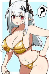 1girl :o ? alternate_costume arknights bikini black_horns blue_background border breasts cleavage collarbone commentary_request cowboy_shot ear_piercing gold_bikini golden_week golden_week_bikini grey_hair hand_on_own_hip horns large_breasts long_hair looking_at_viewer material_growth mudrock_(arknights) navel open_mouth oripathy_lesion_(arknights) outline outside_border piercing pointy_ears red_eyes simple_background solo split_mouth spoken_question_mark standing sweatdrop swimsuit u5_oekaki watermark white_border white_outline yellow_bikini