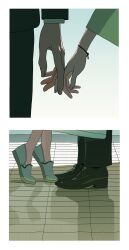 Rule 34 | 1boy, 1girl, absurdres, black shoes, border, close-up, commentary request, dismal poop, feet, fingernails, foot focus, gakuen idolmaster, hand focus, hetero, highres, holding hands, idolmaster, implied kiss, multiple views, partial commentary, producer (idolmaster), shinosawa hiro, shoes, tiptoes, white border, white shoes