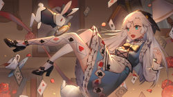 Rule 34 | 1girl, absurdres, ace (playing card), ace of spades, alice (alice in wonderland), alice&#039;s adventures in wonderland, card, cup, green eyes, high heels, highres, kettle, open mouth, playing card, rabbit, solo, spade (shape), white hair, xtears kitsune