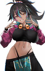 1girl absurdres black_hair black_pants blue_hair blue_hood breasts cropped_hoodie cropped_shirt eyewear_around_neck goggles goggles_around_neck highleg highres hood hood_down hoodie indie_virtual_youtuber kazane-wind long_sleeves multicolored_hair multicolored_hoodie navel neon_harper pants pink_hair ponytail second-party_source solo streaked_hair virtual_youtuber