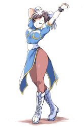 1girl arm_behind_head arms_up black_hair blue_dress boots bracelet breasts brown_eyes brown_hair brown_pantyhose bun_cover capcom china_dress chinese_clothes chun-li closed_mouth commentary_request double_bun dress full_body hair_bun highres ikaringo_(ikaringo4444) jewelry lace-up_boots medium_breasts narrow_waist one_eye_closed pantyhose puffy_short_sleeves puffy_sleeves sash short_sleeves solo spiked_bracelet spikes standing street_fighter street_fighter_ii_(series) thighs three_quarter_view white_background white_boots white_sash wide_hips