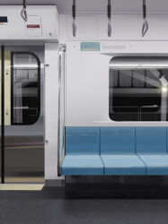 automatic_door chair channel_(caststation) glass_door hand_grip highres indoors no_humans number-only_commentary original scenery train_interior train_station window