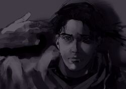 1boy black_hair blood blood_splatter finger_gun finger_gun_to_head grey_hoodie greyscale highres hood hoodie male_focus mandela_catalogue mark_heathcliff_(mandela_catalogue) monochrome rhroup short_hair sketch solo