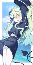 1girl absurdres arms_behind_back black_hat black_jacket black_skirt blue_archive blush closed_mouth commentary demon_girl demon_tail from_side green_hair hair_between_eyes hands_in_hair hat highres hikari_(blue_archive) hisashi_punch jacket korean_commentary long_hair looking_at_viewer pantyhose sidelocks skirt solo tail white_pantyhose yellow_eyes