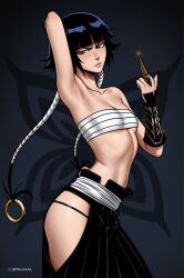 1girl ai-assisted arm_behind_head artist_name bare_shoulders black_hair bleach breasts collarbone female_focus highres lips medium_hair patreon_username prixmal small_breasts standing sui-feng suzumebachi_(shikai) thighs