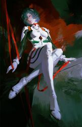 Rule 34 | 1girl, absurdres, ayanami rei, blue hair, breasts, crossed legs, daodtt, double-parted bangs, hair between eyes, hair ornament, hashtag-only commentary, highres, looking to the side, mecha pilot suit, neon genesis evangelion, plugsuit (evangelion), red ribbon, ribbon, short hair, sitting, solo