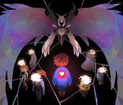 3girls 4boys alphys alternate_form androgynous armor artist_name asgore_dreemurr asriel_dreemurr black_background boots brown_hair cloak closed_eyes denim dress floating frisk_(undertale) furry gloves glowing hands_in_pockets heart hood hoodie horns leey monster monster_boy monster_girl multiple_boys multiple_girls papyrus_(undertale) polka_dot polka_dot_dress robe sans_(undertale) scarf shirt shorts shoulder_pads simple_background slippers spoilers standing string striped_clothes striped_shirt tabard tank_top toriel undertale undyne