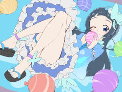 1girl absurdres anklet aokaze_nana arched_bangs balloon blue_background blue_eyes blue_hair blue_nails blue_skirt butterfly_hair_ornament clear_glass_(mildmild1311) flat_color flower frilled_skirt frills hair_flower hair_ornament highres holding holding_balloon japanese_clothes jewelry kimi_to_idol_precure light_smile long_hair long_sleeves nail_polish okobo one_eye_closed platform_sandals precure sandals short_bangs sidelocks skirt solo toenail_polish toenails wide_sleeves x_hair_ornament