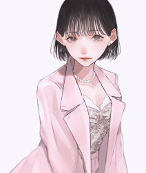 Rule 34 | 1girl, absurdres, black eyeliner, black hair, breasts, bustier, choppy bangs, closed mouth, collarbone, commentary, earrings, eyelashes, eyeliner, grey background, grey eyes, highres, hoop earrings, jacket, jewelry, lips, lipstick, looking at viewer, makeup, mano aaa, mole, mole on breast, mole under eye, necklace, open clothes, open jacket, original, pants, pink jacket, pink pants, red lips, short hair, simple background, small breasts, solo, upper body, white bustier