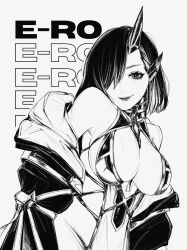 1girl absurdres bare_shoulders breasts cleavage earrings greyscale hair_behind_ear hair_over_one_eye highres horns jacket jewelry large_breasts looking_at_viewer makeup medium_hair monochrome off_shoulder one_eye_covered open_clothes open_jacket original pointy_ears revealing_clothes short_hair simple_background single_horn smile solo white_background zyllypepper