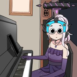 1girl bare_shoulders blue_archive bow cameo collarbone commentary_request demon_girl demon_horns dress earrings elbow_gloves eye_mask floating_earring gloves grand_piano hair_bow hair_ribbon halo highres hina_(blue_archive) hina_(dress)_(blue_archive) horns instrument jewelry long_hair looking_at_viewer music necklace official_alternate_costume official_alternate_hairstyle parted_bangs pearl_necklace pendant piano piano_bench playing_instrument playing_piano ponytail purple_dress ribbon sidelocks sitting solo strapless strapless_dress thomas_the_tank_engine thomas_the_tank_engine_(character) washin white_hair