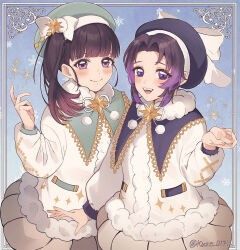 2girls :d absurdres alternate_costume beret black_hair black_hat blue_background blunt_bangs blush border bow capelet closed_mouth commentary_request cowboy_shot fur-trimmed_jacket fur_trim green_hat hand_up hat hat_bow highres jacket kimetsu_no_yaiba kochou_shinobu kuze_0131 light_blush looking_at_viewer multicolored_hair multiple_girls open_mouth ornate_border parted_bangs pink_eyes purple_eyes purple_hair side_ponytail skirt smile snowflakes teeth tsuyuri_kanao twitter_username two-tone_hair upper_teeth_only white_jacket