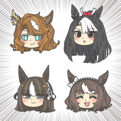 4girls :&gt; ^_^ absurdres animal_ears annotated aqua_eyes ask_victor_more_(racehorse) black_hair black_hairband blue_eyes blunt_ends bow brown_hair checkered_bow checkered_clothes closed_eyes commentary do_deuce_(racehorse) ear_bow ear_ribbon equinox_(racehorse) genderswap genderswap_(mtf) geoglyph_(racehorse) hair_ornament hair_ribbon hairband hairclip head_only highres horse_ears horse_girl kopperion multicolored_hair multiple_girls original personification red_eyes ribbon smile streaked_hair umamusume white_hair