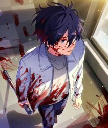 1boy blood blood_on_clothes blood_on_face bloody_footprints blue_eyes blue_hair blue_pants brown_shoes chain chain_necklace checkered_floor chinese_commentary collared_jacket commentary_request crazy day denim ensemble_stars! from_above full_body grey_shirt hair_between_eyes hidaka_hokuto holding holding_lead_pipe indoors jacket jeans jewelry kitakawayui lead_pipe light_particles long_sleeves looking_ahead male_focus messy_hair necklace open_clothes open_jacket open_mouth pants pocket shadow shirt shoes short_hair smile walking white_jacket