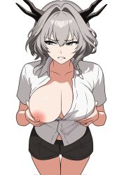 1girl arknights black_shorts breasts clenched_teeth collarbone commentary cowboy_shot disgust dragon_girl dragon_horns english_commentary grabbing_own_breast grey_eyes grey_hair highres horns large_breasts looking_to_the_side nipples one_breast_out shirt short_hair short_shorts shorts simple_background solo talulah_(arknights) teeth thighs white_background white_shirt witchrosemary