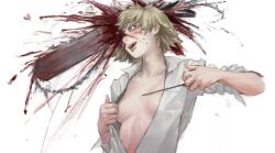 1girl blonde_hair blood chainsaw chainsaw_man denji_(chainsaw_man) genderswap genderswap_(mtf) haneda2007 highres no_bra open_clothes open_shirt pull_cord sharp_teeth short_hair simple_background solo teeth transformation white_background yellow_eyes