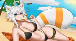 1girl ahoge animal_ears beach beach_towel blush breasts daikiri_di_mon demenishki food highres indie_virtual_youtuber large_breasts multicolored_hair navel orange_hair outdoors popsicle purple_eyes raccoon_tail signature solo swimsuit tail thighs towel two-tone_hair white_hair