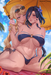 2girls armpits aroused bare_arms bare_shoulders beach bikini blonde_hair blue_bikini blue_eyes blue_flower blue_nails blue_sky blush breasts clorinde_(genshin_impact) collarbone drill_hair drill_sidelocks exlic eyewear_on_head fingering fingernails flower food genshin_impact hair_between_eyes hair_flower hair_ornament hand_in_another&#039;s_clothes hand_in_bikini hand_on_another&#039;s_cheek hand_on_another&#039;s_face highres holding holding_food holding_ice_cream holding_ice_cream_cone huge_breasts ice_cream ice_cream_cone long_hair looking_at_another motion_lines multicolored_hair multiple_girls multiple_scoops nail_polish navel navia_(genshin_impact) nose nose_blush o-ring o-ring_bikini open_mouth outdoors parted_lips purple_eyes purple_hair reach-around red_flower side-tie_bikini_bottom sidelocks sitting sky spread_legs stomach streaked_hair sunglasses swimsuit thighs trembling underboob very_long_hair white_bikini yokozuwari yuri