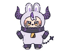 Rule 34 | animal ears, black horns, c:, cardboard ghost, collar, commentary, cosplay, full body, highres, hololive, horns, huge horns, la+ darknesss, labubu, labubu (cosplay), looking at viewer, metal collar, multicolored hair, no humans, pun, purple hair, purple horns, rabbit ears, simple background, smile, straight-on, streaked hair, striped horns, stuffed toy, symbol-only commentary, tail, virtual youtuber, white background, yellow eyes