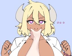 annoyed breasts button_shirt clothes cow_girl cow_horns cow_tits deumosden horns huge_breasts margarine_(deumosden) meme pov_cheek_grabbing_(meme) purple_eyes short_hair