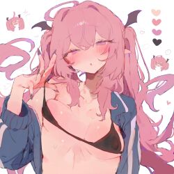 1girl ahoge bare_shoulders bat_wings bikini bikini_pull black_bikini blue_jacket blush breasts bunchi chibi chibi_inset clothes_pull collarbone hair_between_eyes head_wings heart highres jacket long_hair looking_at_viewer multiple_views open_clothes open_jacket original parted_lips pink_eyes pink_hair pulling_own_clothes simple_background small_breasts sweat swimsuit track_jacket twintails white_background wings