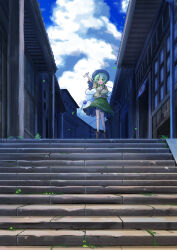 1girl black_hat blue_sky boots brown_boots building buttons cloud collared_shirt commentary daia_(daia9132) day diamond_button eyeball frilled_shirt_collar frilled_skirt frilled_sleeves frills green_eyes green_hair green_skirt hat highres holding komeiji_koishi long_sleeves looking_at_viewer midriff_peek open_mouth outdoors shirt skirt sky smile solo stairs third_eye touhou wide_sleeves yellow_shirt